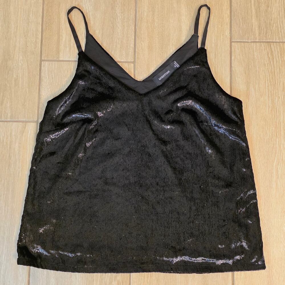 MinkPink Black Sheen Velvet Camisole Lined V Neck Party Top XS